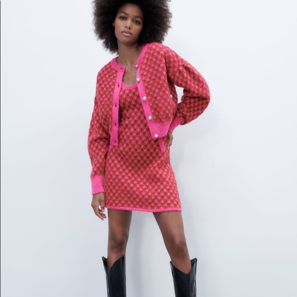 Zara PLAID KNIT Sleeveless Mini A-Line Dress w/ Round Neckline Size S Pink NEW - Picture 10 of 16